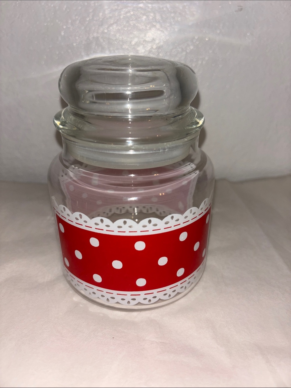 1970s Glass Candy Jar with Red Polka Dot Band Basically Perfect Condition